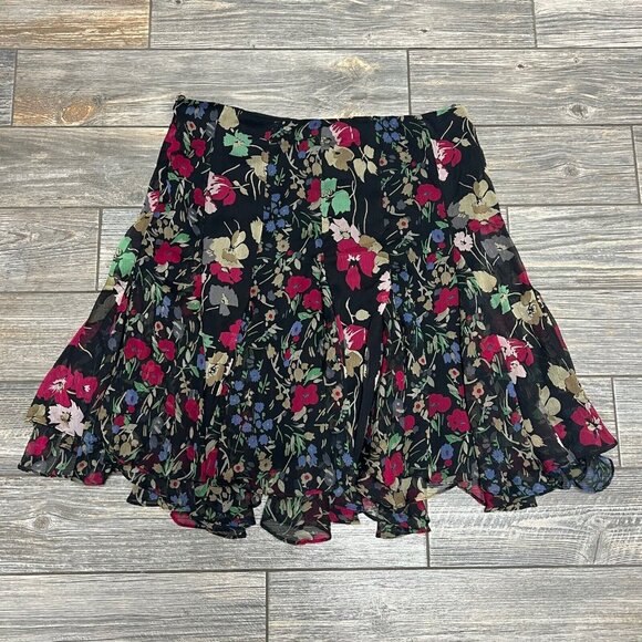 Lauren Ralph Lauren Ruffled Floral Georgette Skirt Size 12 Black Multi Floral - Picture 8 of 15
